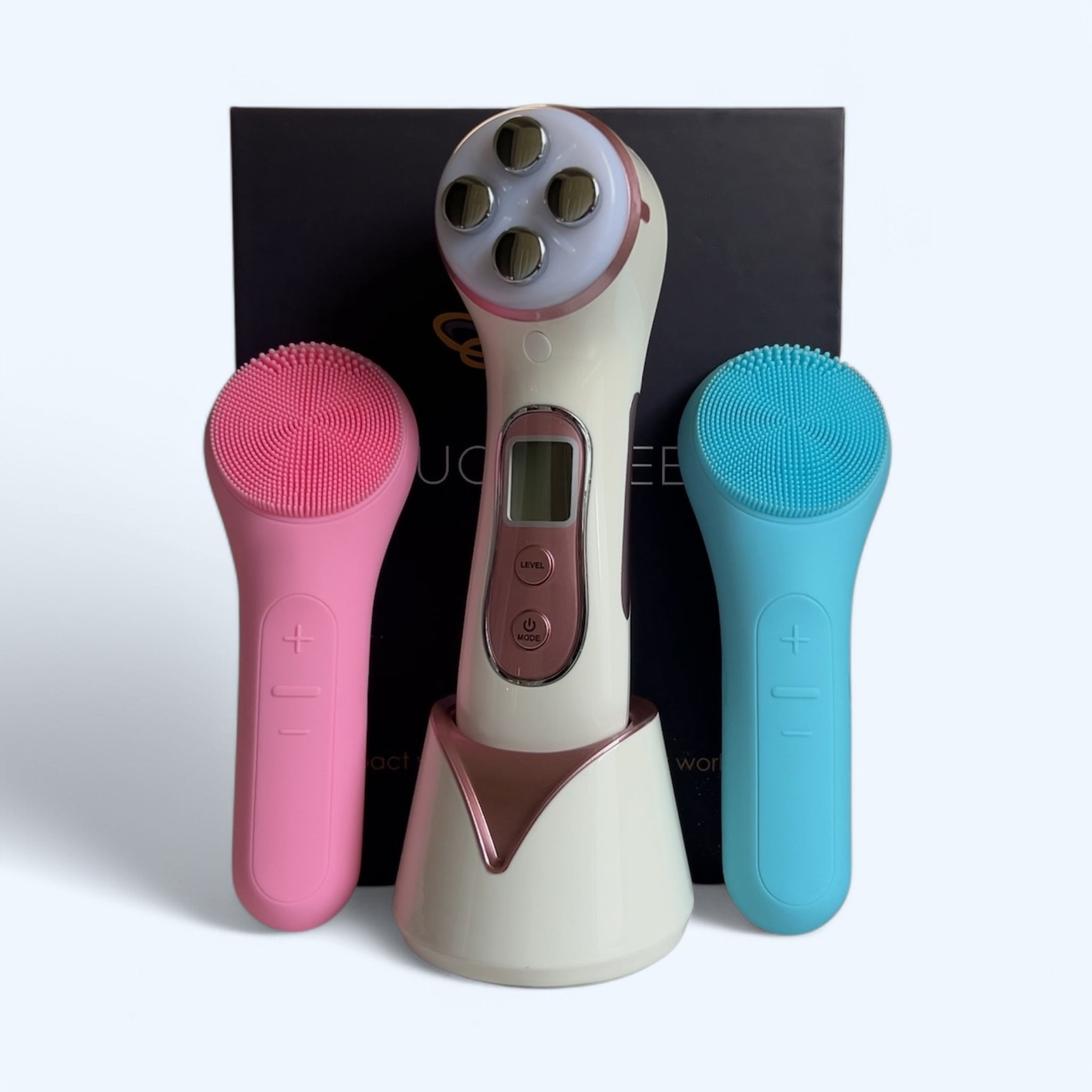 Lucce Bee 5-in-1 LED facial device with red, blue, green, yellow, and pink light therapy plus pink and blue silicone sonic cleansing brushes. Anti-aging, acne-fighting, skin tightening tools for deep cleansing, collagen boost, and radiant skin.
