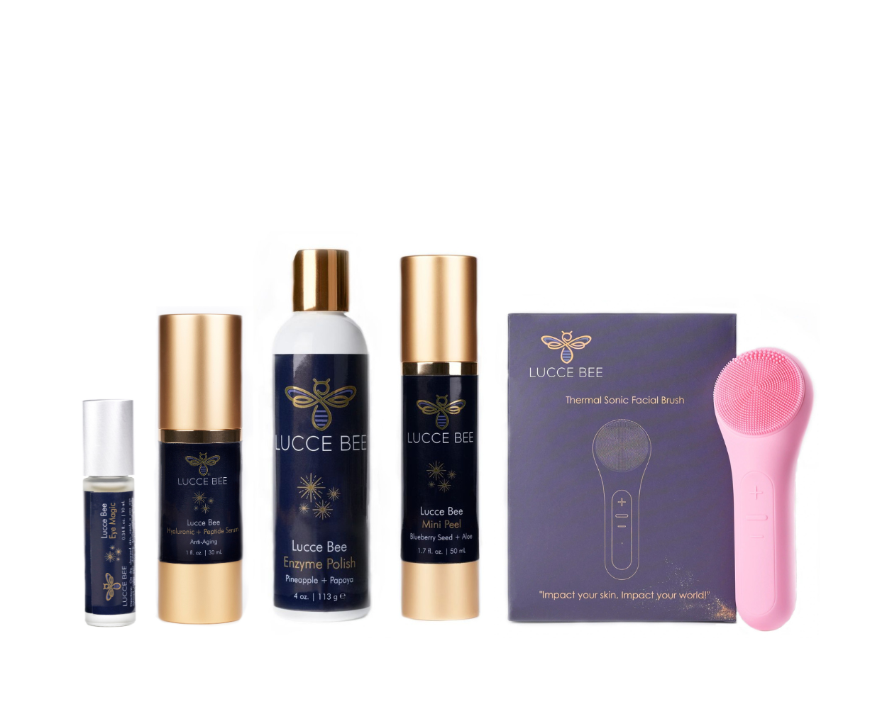 Lucce Bee luxury skincare bundle with Eye Magic, Hyaluronic + Peptide Serum, Enzyme Polish, Mini Peel, and pink Thermal Sonic Facial Brush for radiant, youthful skin