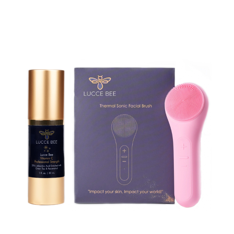 Lucce Bee Vitamin C Serum with Pink Thermal Sonic Facial Brush – brightening and firming skincare set for radiant, youthful skin