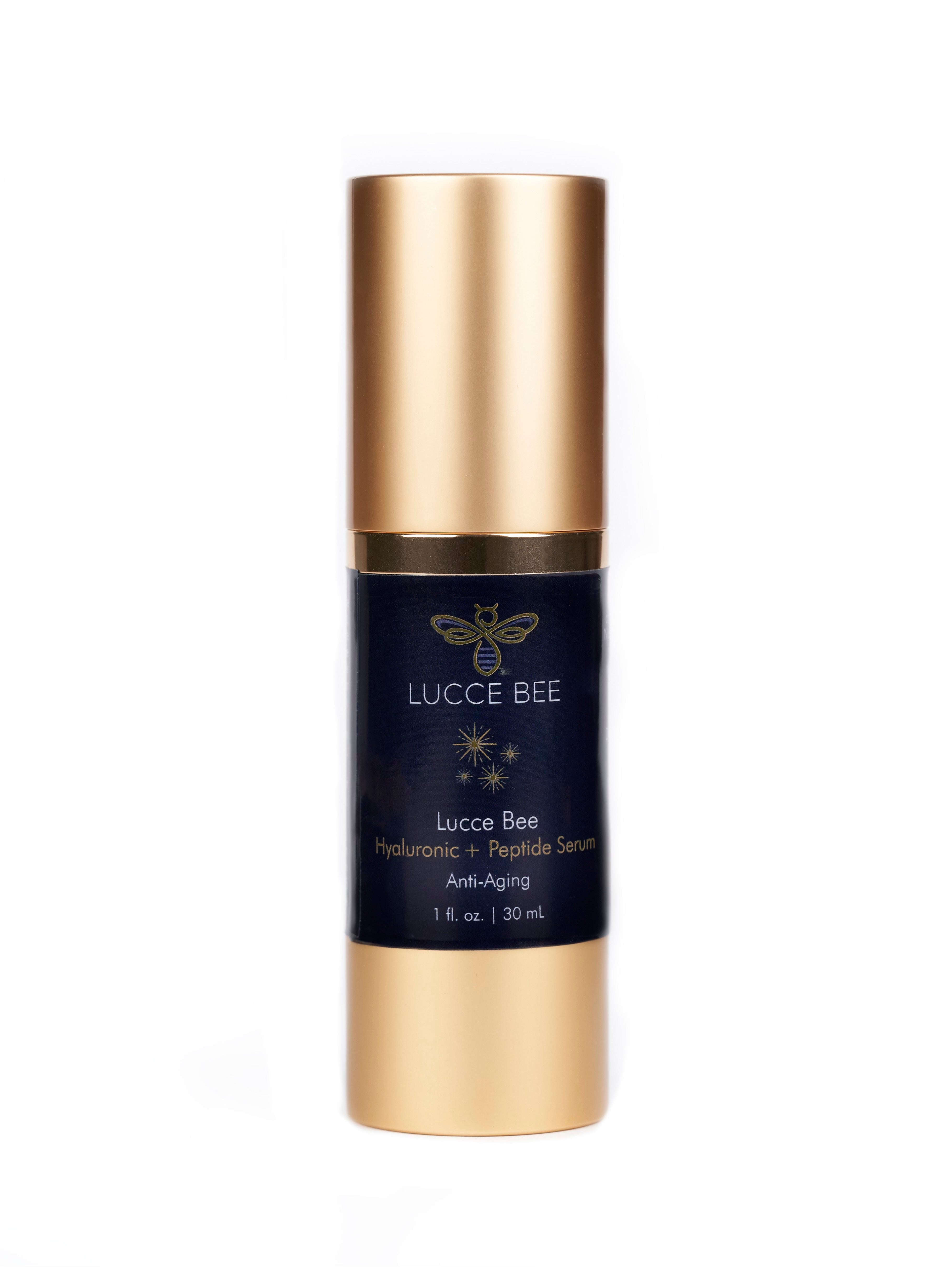Lucce Bee Hyaluronic + Peptide Serum – Anti-Aging Facial Serum in Sleek Gold Bottle for Deep Hydration, Firmness, and Plump Skin (1 fl oz / 30 mL)