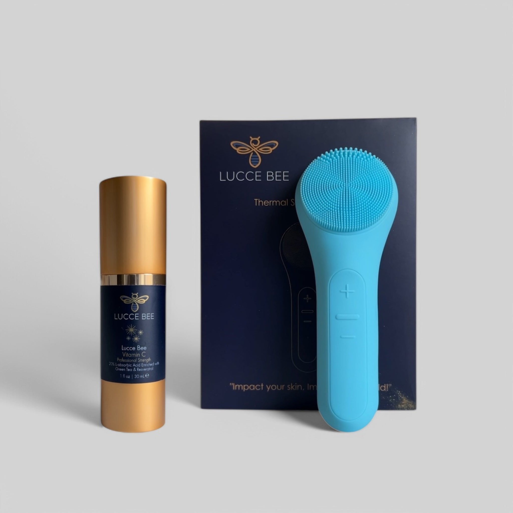 Lucce Bee Vitamin C Serum and Blue Thermal Sonic Facial Brush Duo – brightening skincare and deep cleansing facial tool set for radiant, even-toned skin