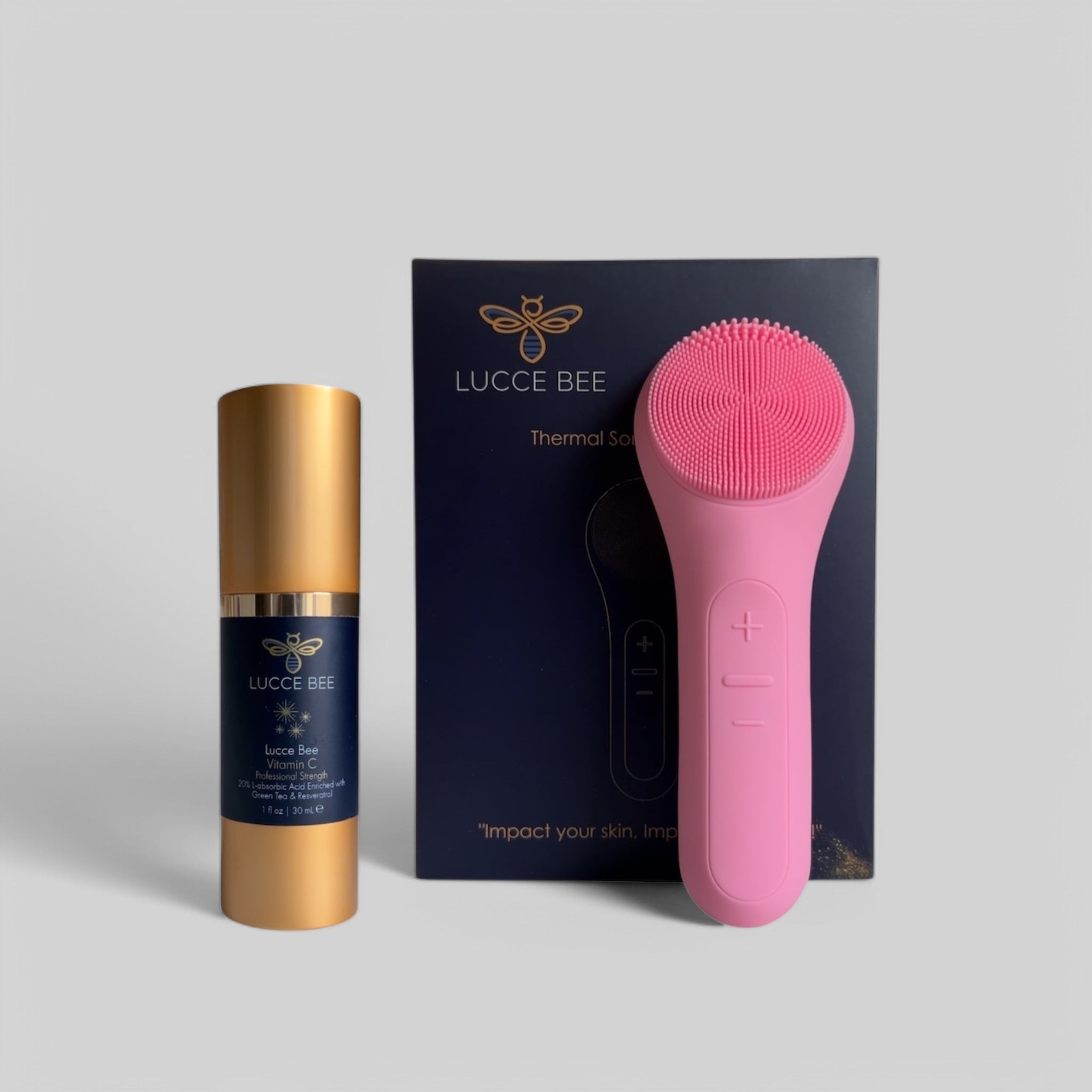Lucce Bee Vitamin C Serum and Pink Thermal Sonic Facial Brush Duo – brightening skincare and deep cleansing facial tool set for radiant, even-toned skin