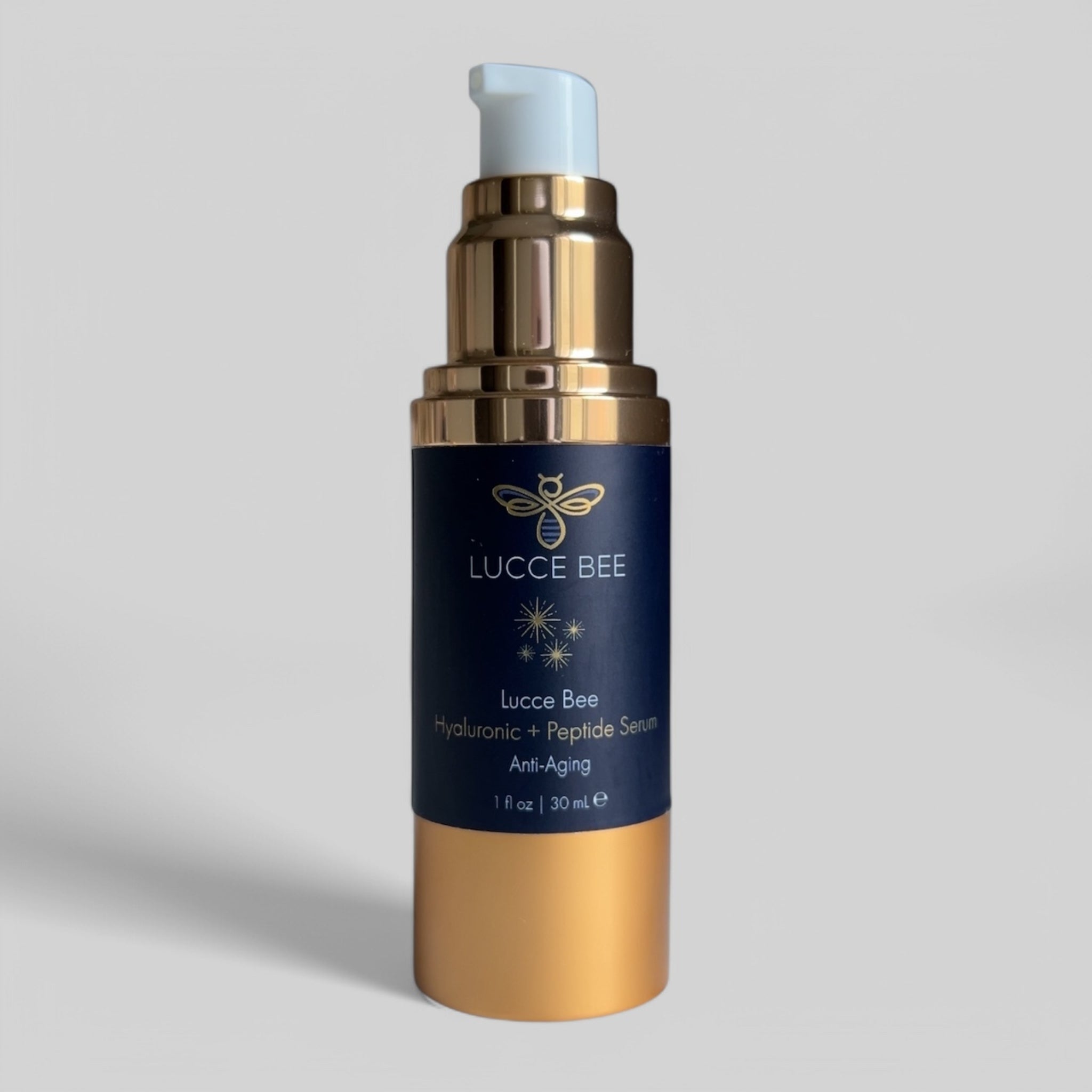 Lucce Bee Hyaluronic + Peptide Serum with Open Pump – Anti-Aging Hydration Formula for Firm, Plump Skin in Elegant Gold Packaging (1 fl oz / 30 mL)