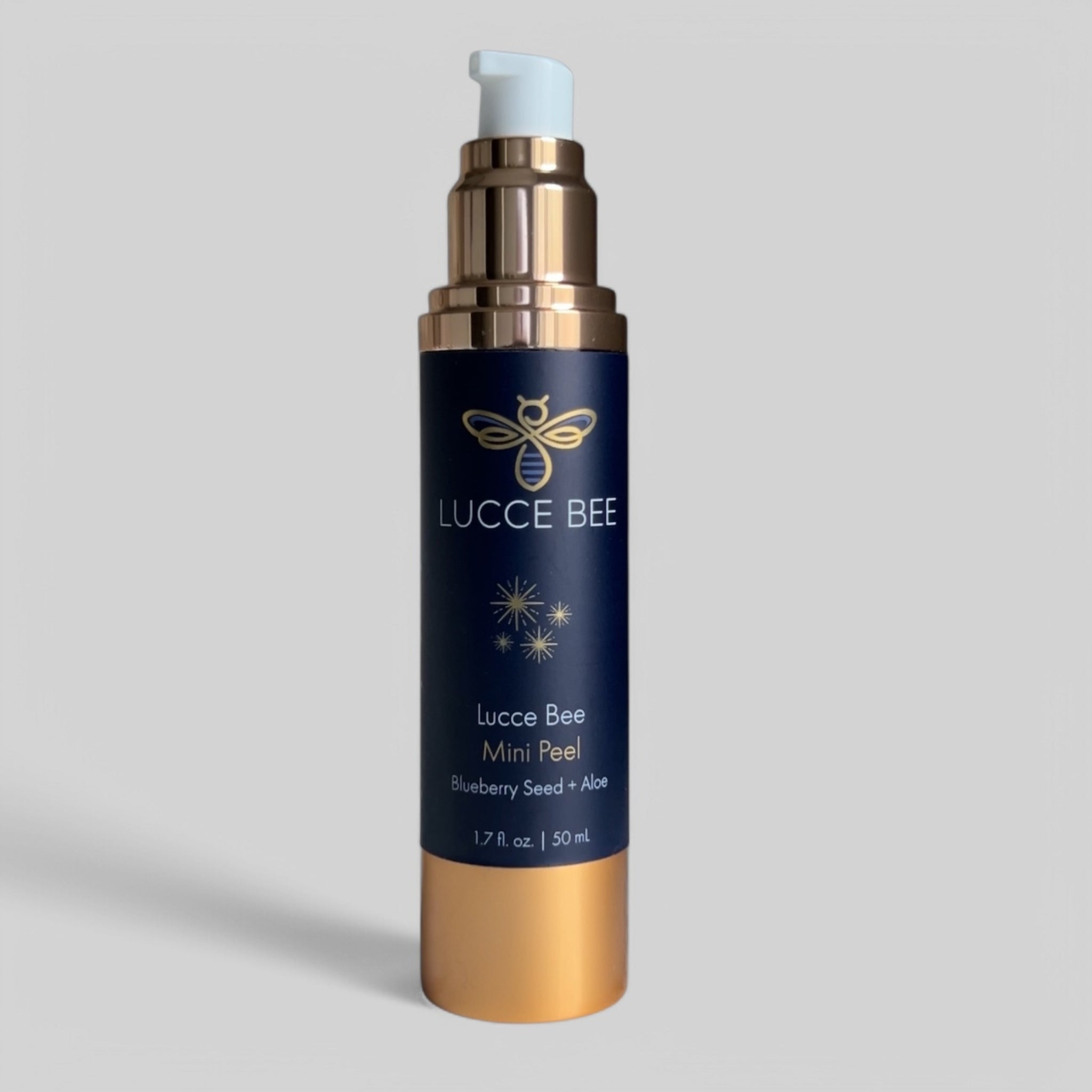Lucce Bee Mini Peel with Pump – Exfoliating Treatment Featuring Blueberry Seed and Aloe for Smooth, Glowing Skin in Elegant Gold and Navy Bottle (1.7 fl oz / 50 mL)
