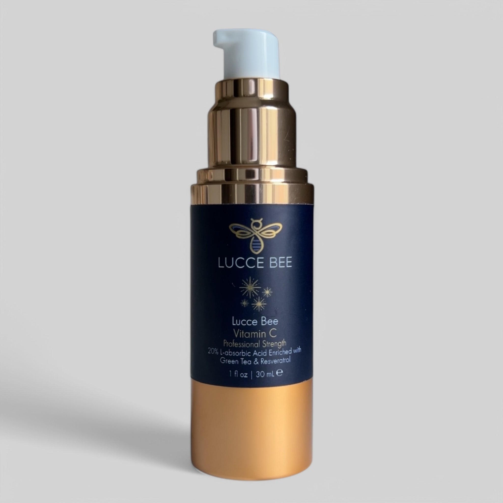 Lucce Bee Vitamin C Serum with Pump – 20% L-Ascorbic Acid Enriched with Green Tea and Resveratrol for Brightening and Anti-Aging (1 fl oz)