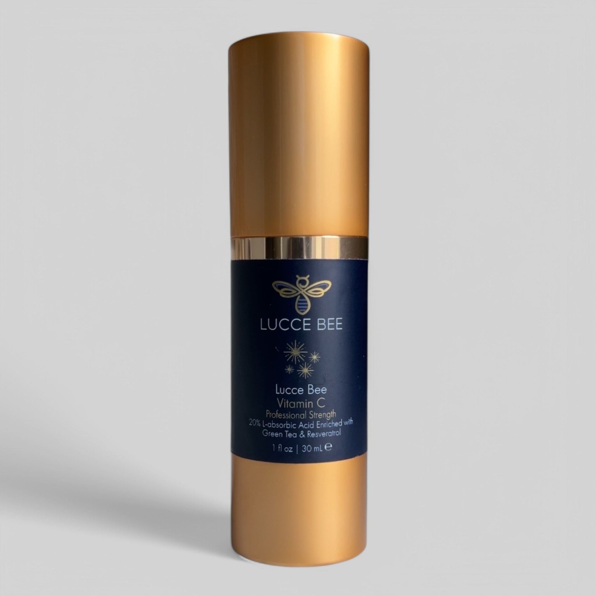 Lucce Bee Vitamin C Serum – Professional Strength 20% L-Ascorbic Acid with Green Tea and Resveratrol in Gold Airless Pump Bottle (1 fl oz)