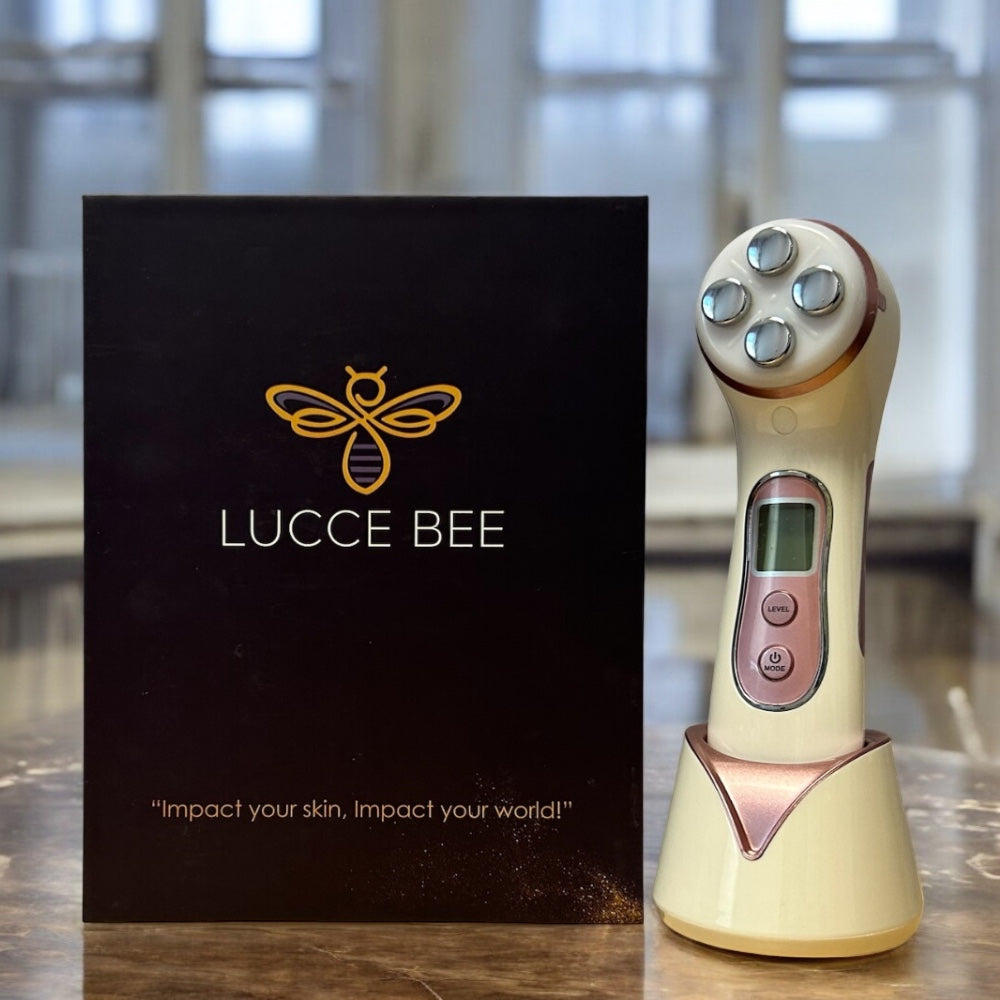 Lucce Bee Skincare Device with Luxury Packaging – Professional Facial Tool for Anti-Aging, Firming, and Skin Rejuvenation, Displayed on Marble Surface