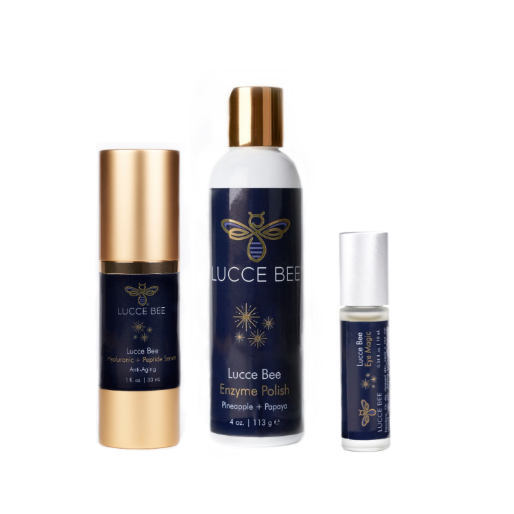 Lucce Bee Skincare Trio – Anti-Aging Hyaluronic + Peptide Serum, Enzyme Polish with Pineapple + Papaya, and Eye Magic Roller for youthful, radiant skin