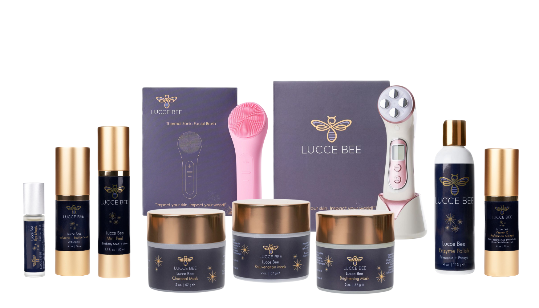 Lucce Bee complete luxury skincare and facial tools collection including Eye Magic, Vitamin C Serum, Hyaluronic + Peptide Serum, Enzyme Polish, Mini Peel, Rejuvenation Mask, Charcoal Mask, Brightening Mask, Thermal Sonic Facial Brush, and LED therapy device for professional at-home skincare results