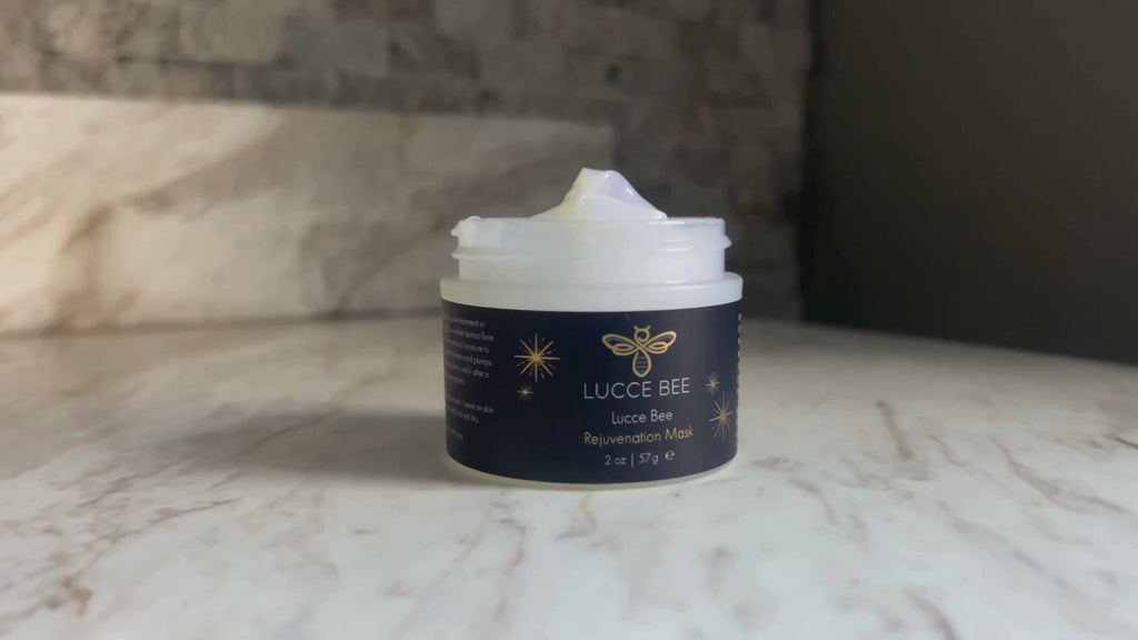 Lucce Bee Rejuvenation Mask with Lid Open – Creamy Skincare Formula Showcased on Bathroom Counter in Product Highlight Video
