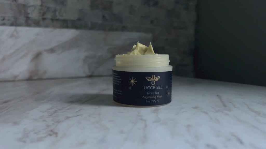 Lucce Bee Brightening Mask with Lid Open – Creamy Skincare Formula Showcased on Bathroom Counter in Product Highlight Video